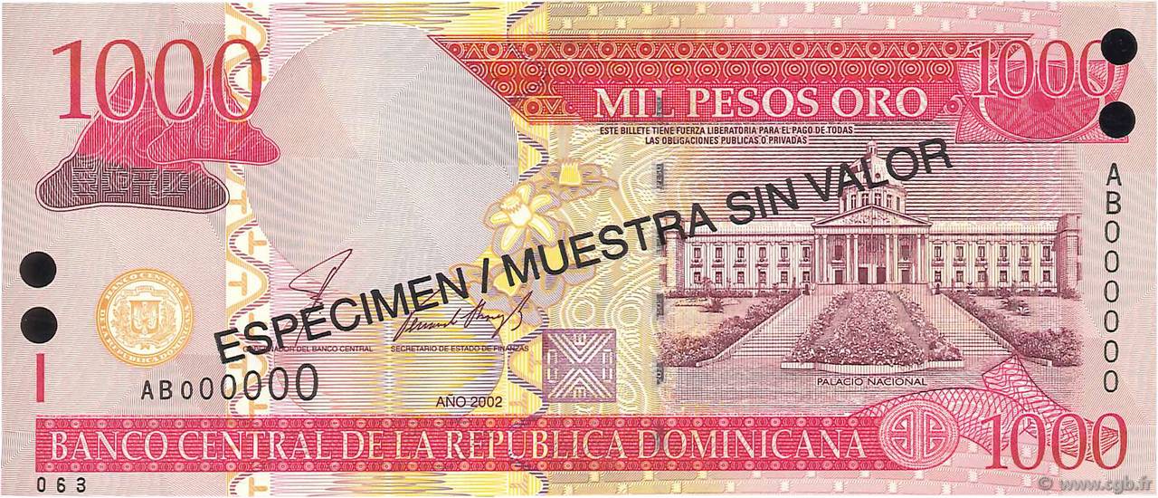 1000 Pesos Oro Spécimen RÉPUBLIQUE DOMINICAINE  2002 P.173s1 FDC