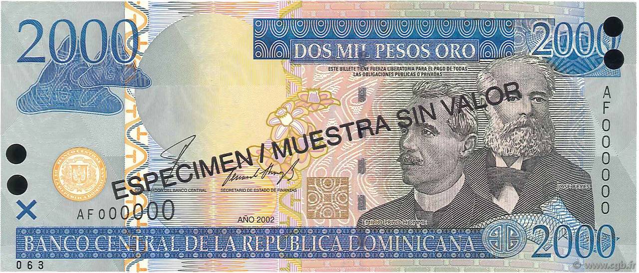 2000 Pesos Oro Spécimen RÉPUBLIQUE DOMINICAINE  2002 P.174s1 FDC