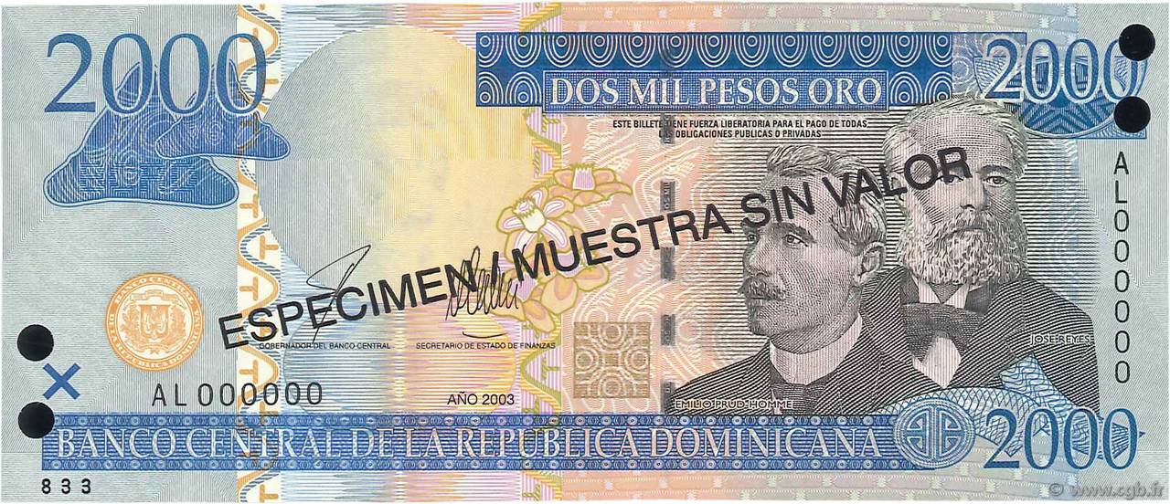 2000 Pesos Oro Spécimen RÉPUBLIQUE DOMINICAINE  2003 P.174s2 NEUF