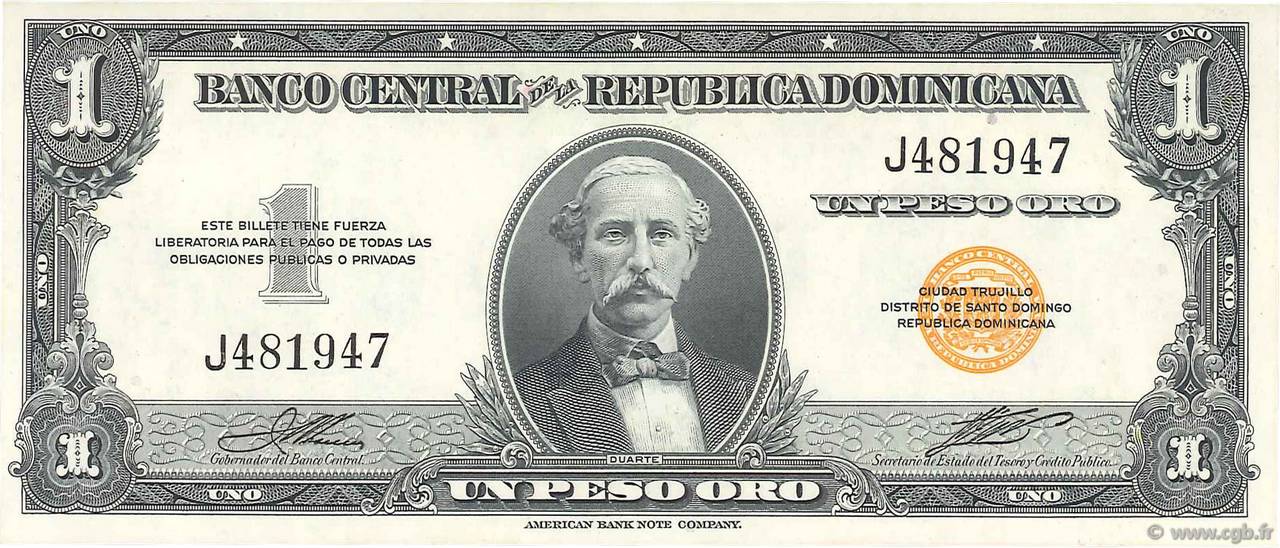 1 Peso Oro DOMINICAN REPUBLIC  1947 P.060a UNC