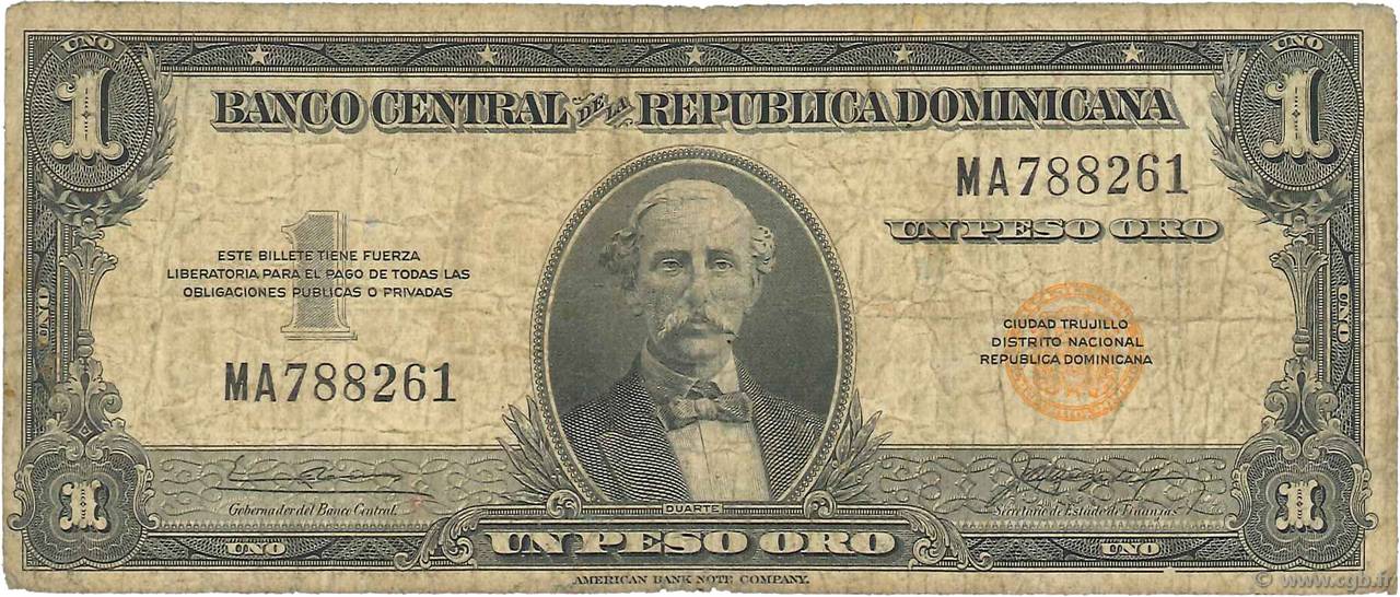 1 Peso Oro DOMINICAN REPUBLIC  1956 P.071a G