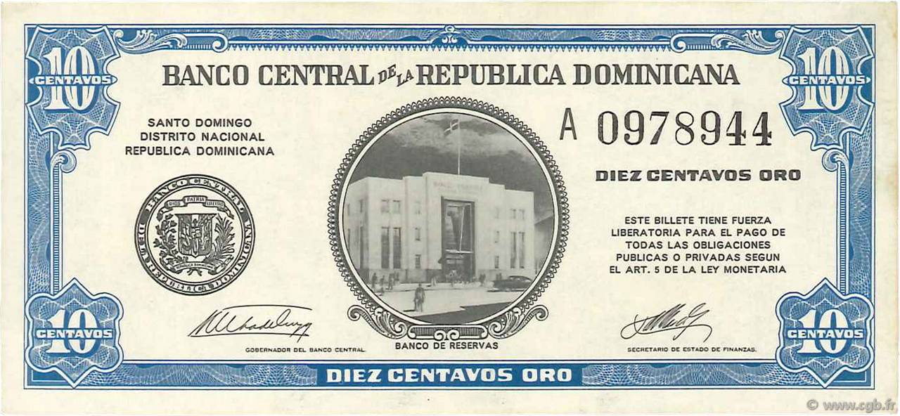 10 Centavos Oro DOMINICAN REPUBLIC  1961 P.085a XF