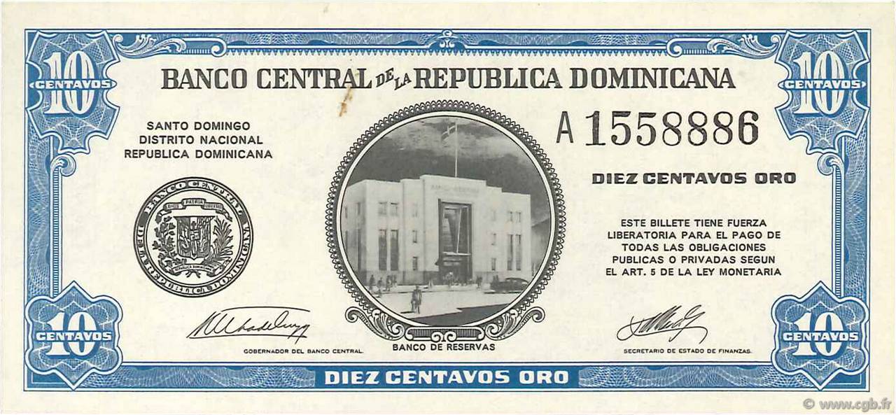 10 Centavos Oro DOMINICAN REPUBLIC  1961 P.085a AU