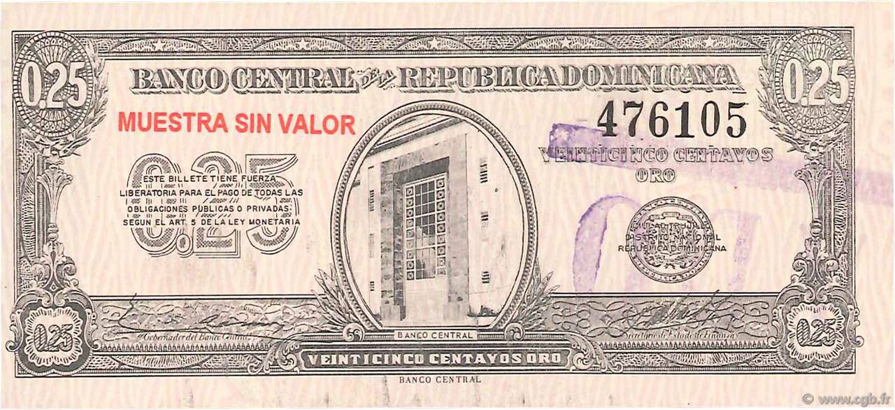 25 Centavos Oro Spécimen RÉPUBLIQUE DOMINICAINE  1961 P.088s ST