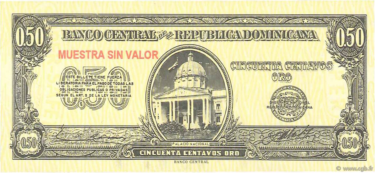 50 Centavos Oro Spécimen RÉPUBLIQUE DOMINICAINE  1961 P.090s UNC