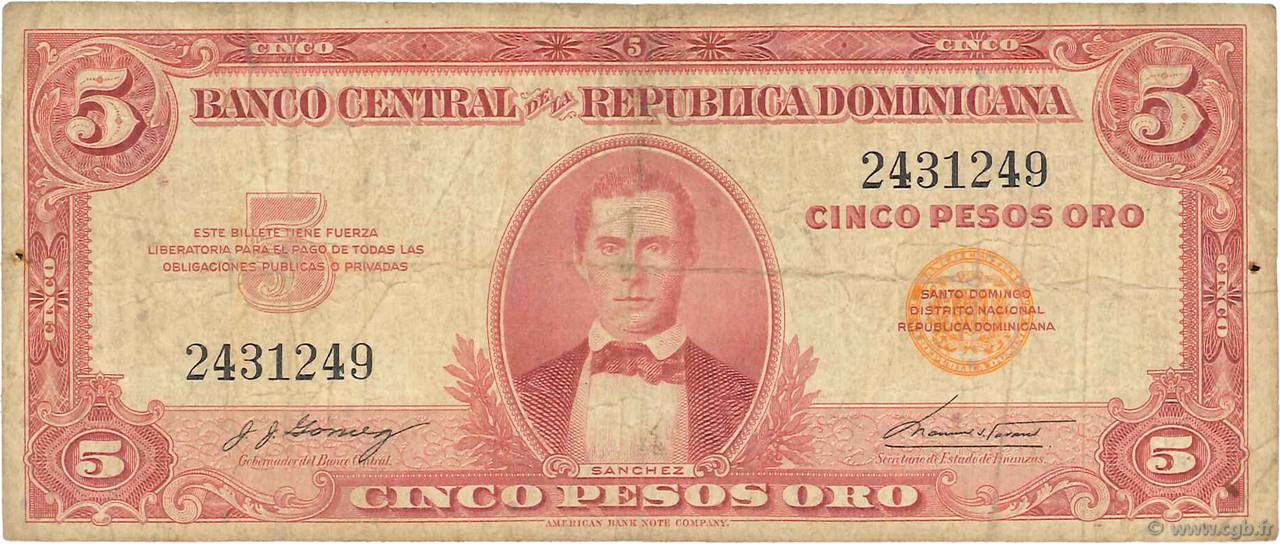 5 Pesos Oro DOMINICAN REPUBLIC  1962 P.092a G