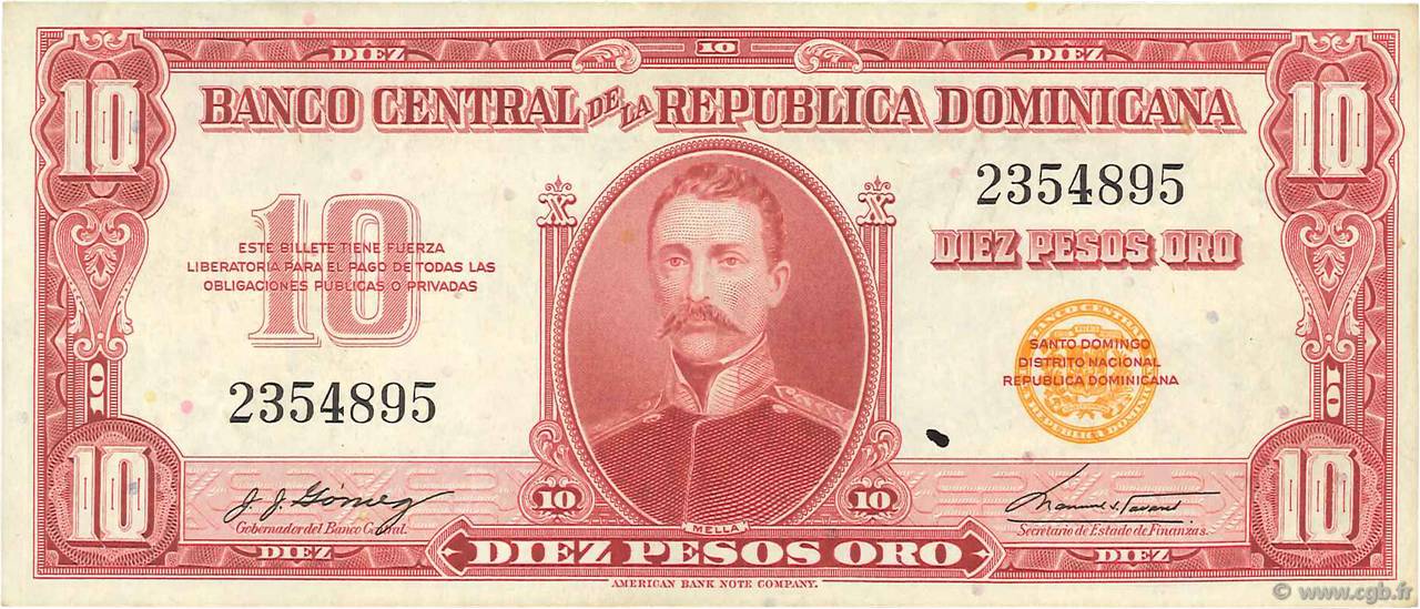 10 Peso Oro RÉPUBLIQUE DOMINICAINE  1962 P.093a BB