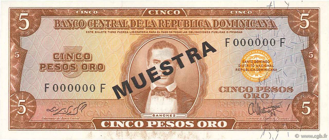 5 Pesos Oro Spécimen RÉPUBLIQUE DOMINICAINE  1964 P.100s4 FDC