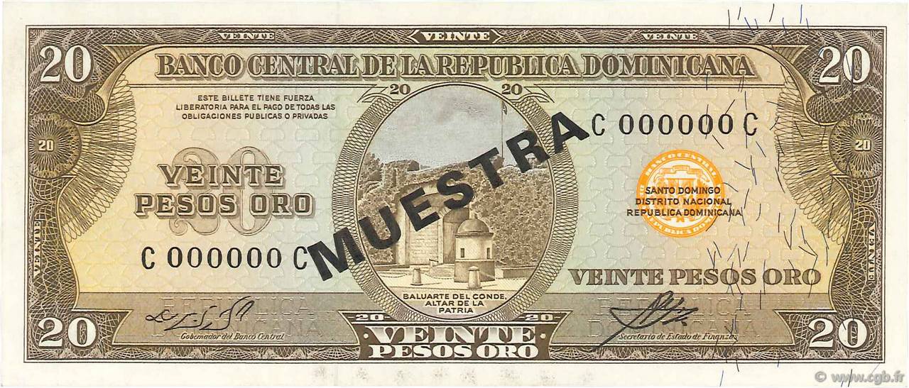 20 Pesos Oro Spécimen RÉPUBLIQUE DOMINICAINE  1964 P.102s2 NEUF