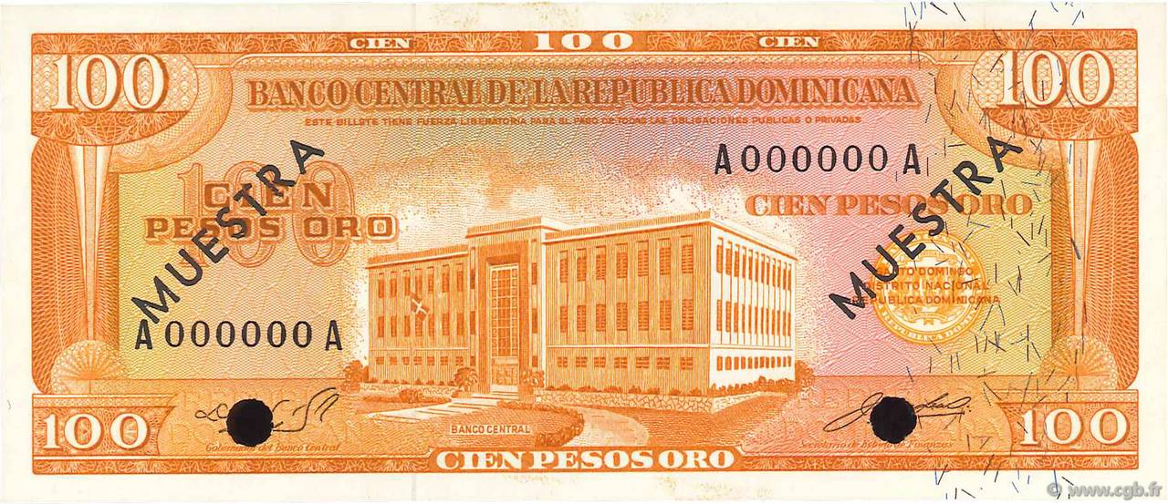 100 Pesos Oro Spécimen RÉPUBLIQUE DOMINICAINE  1964 P.104s2 SC+