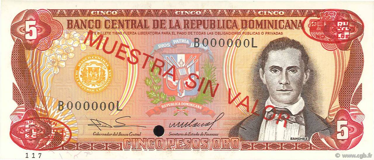 5 Pesos Oro Spécimen RÉPUBLIQUE DOMINICAINE  1985 P.118s2 NEUF