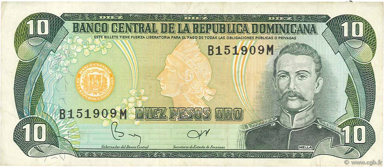 10 Pesos Oro DOMINICAN REPUBLIC  1982 P.119b VF