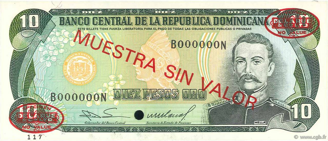 10 Pesos Oro Spécimen DOMINICAN REPUBLIC  1985 P.119s2 UNC