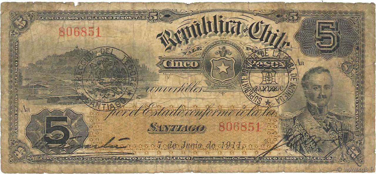 5 Pesos CILE  1911 P.019b B