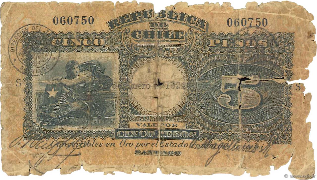 5 Pesos CILE  1924 P.061 q.B