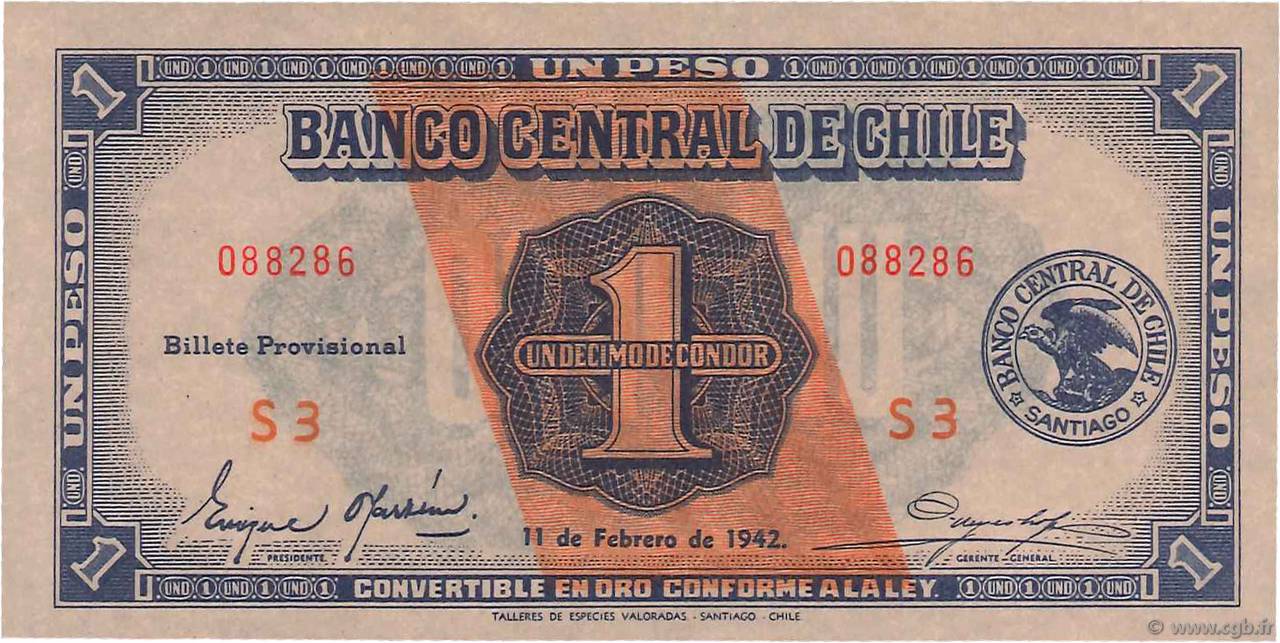 1 Peso - 1/10 Condor CHILE
  1942 P.089 FDC