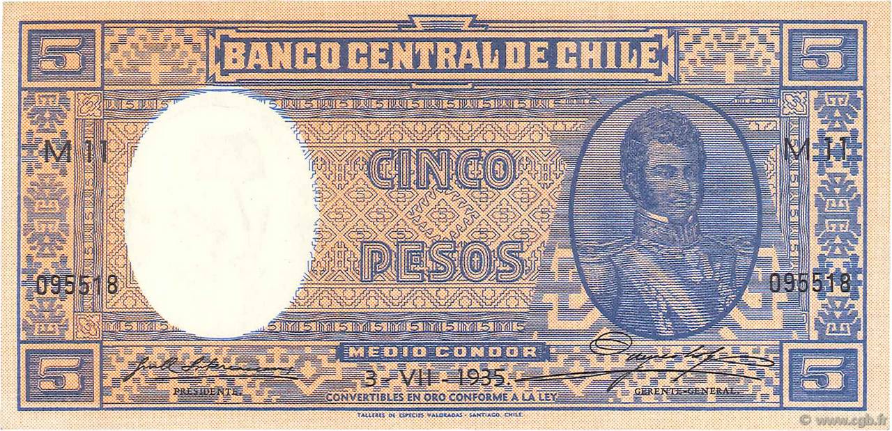 5 Pesos - 1/2 Condor CHILE
  1935 P.091c VZ