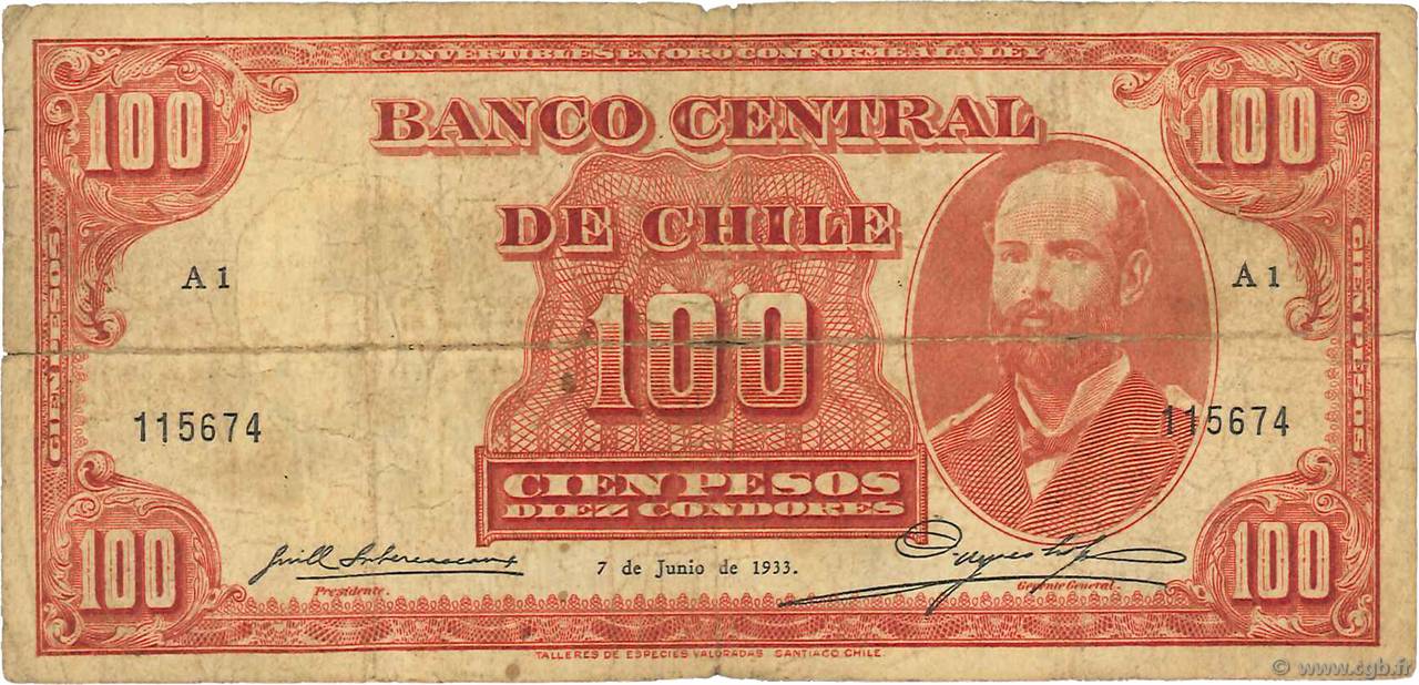100 Pesos - 10 Condores CILE  1933 P.095 B