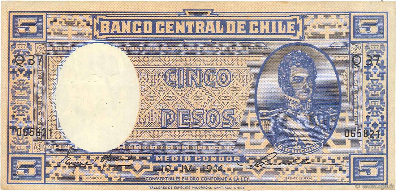 5 Pesos - 1/2 Condor CILE  1944 P.102 BB
