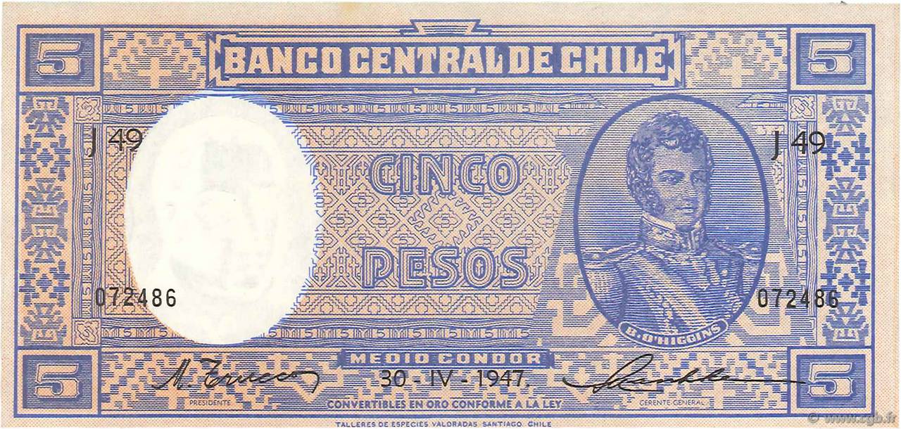 5 Pesos - 1/2 Condor CHILE  1947 P.102 AU