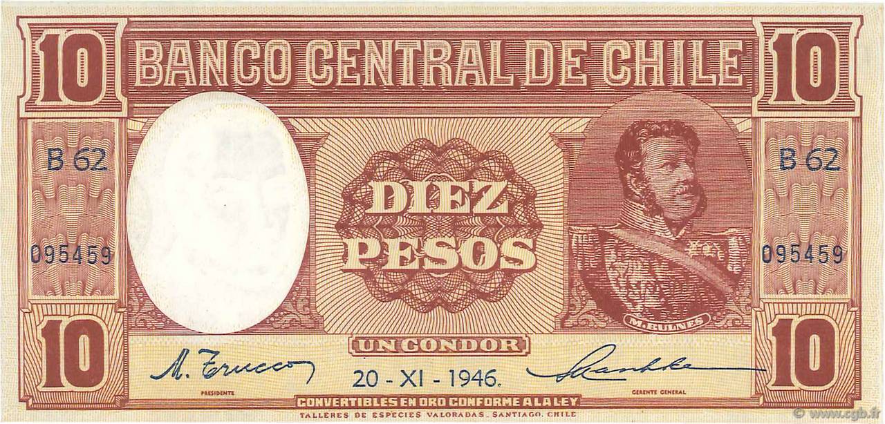 10 Pesos - 1 Condor CHILE  1946 P.103 AU