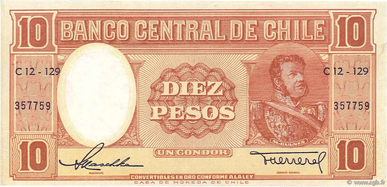 10 Pesos - 1 Condor CHILE  1958 P.120 XF