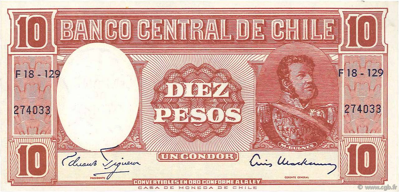 1 Centesimo sur 10 Pesos CHILE  1960 P.125 UNC