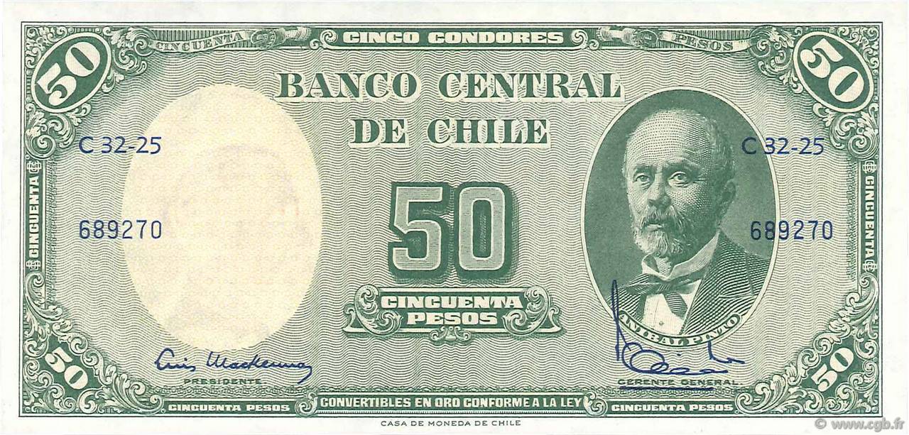 5 Centesimos sur 50 Pesos CHILE
  1960 P.126b FDC