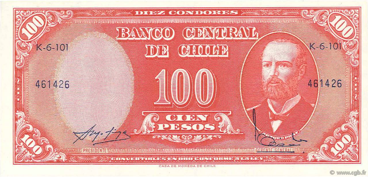 10 Centesimos sur 100 Pesos CHILE
  1960 P.127a ST