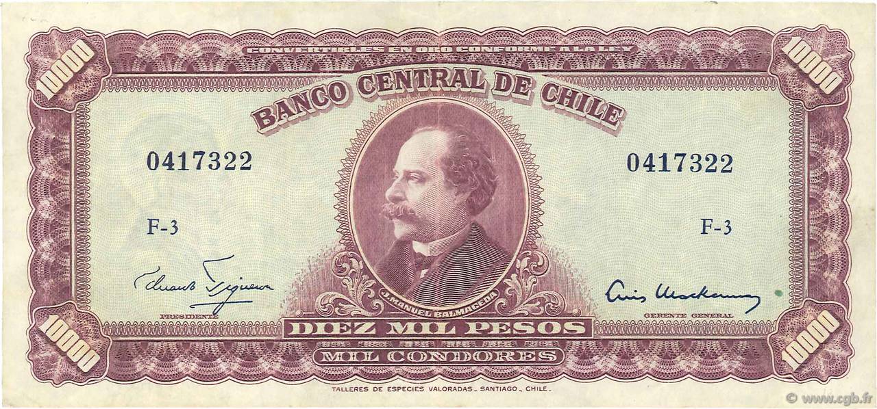 10 Escudos sur 10000 Pesos CHILE  1960 P.132 VF