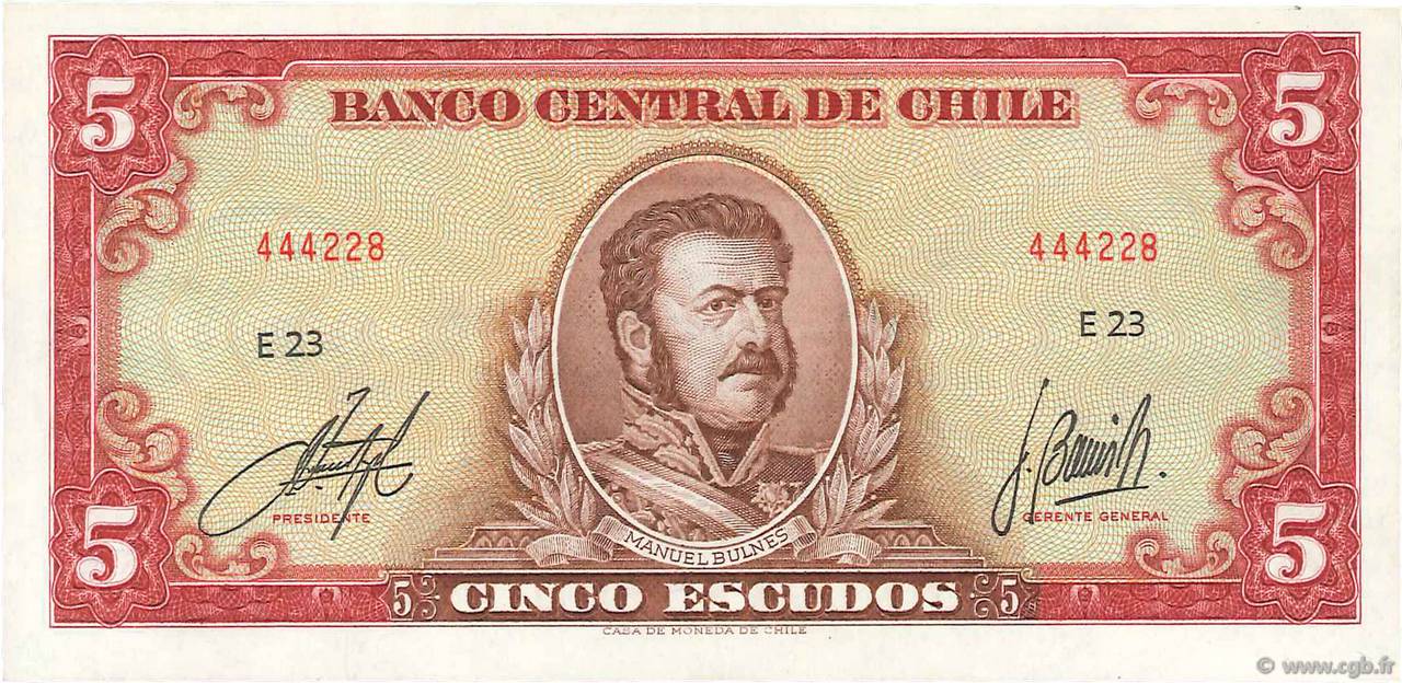 5 Escudos CHILE  1964 P.138 AU
