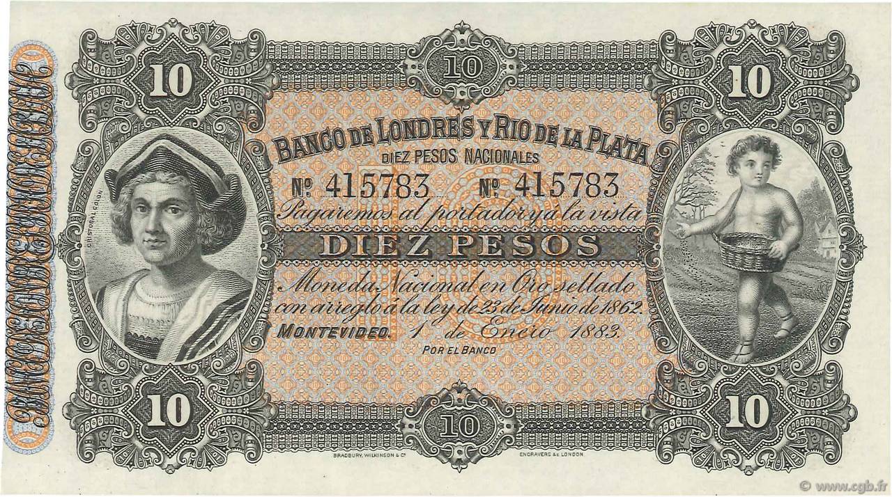 10 Pesos Non émis URUGUAY  1872 PS.242r q.FDC