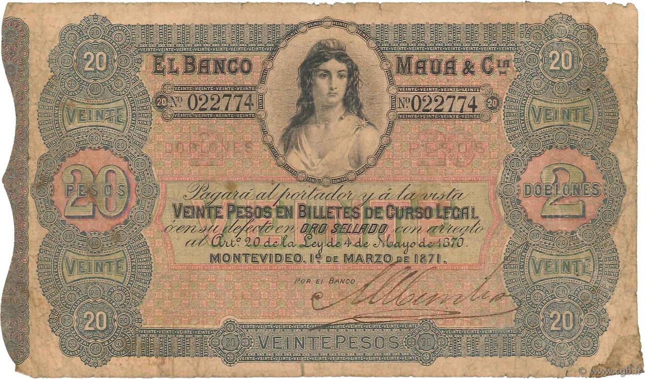 20 Pesos - 2 Doblones URUGUAY  1871 PS.292 RC