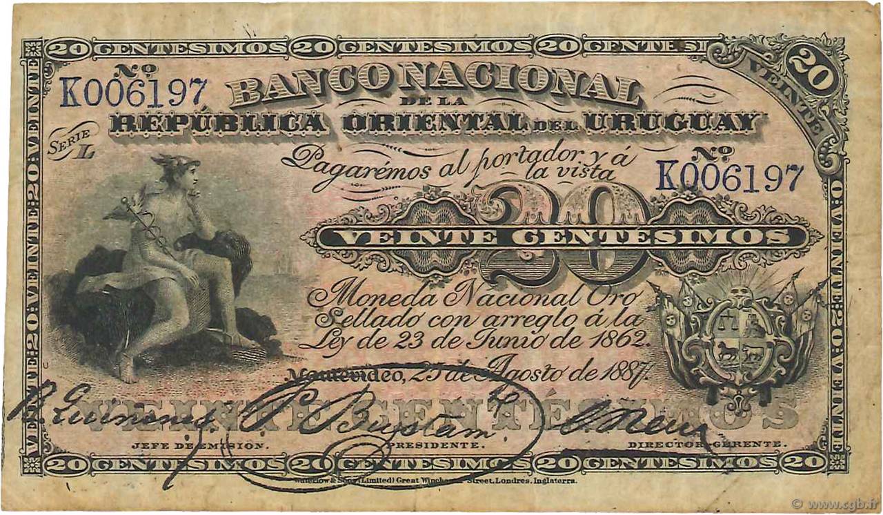 20 Centesimos URUGUAY  1887 P.A088a F+