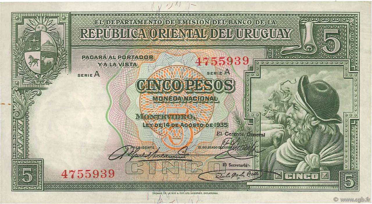 5 Pesos URUGUAY  1935 P.029b XF