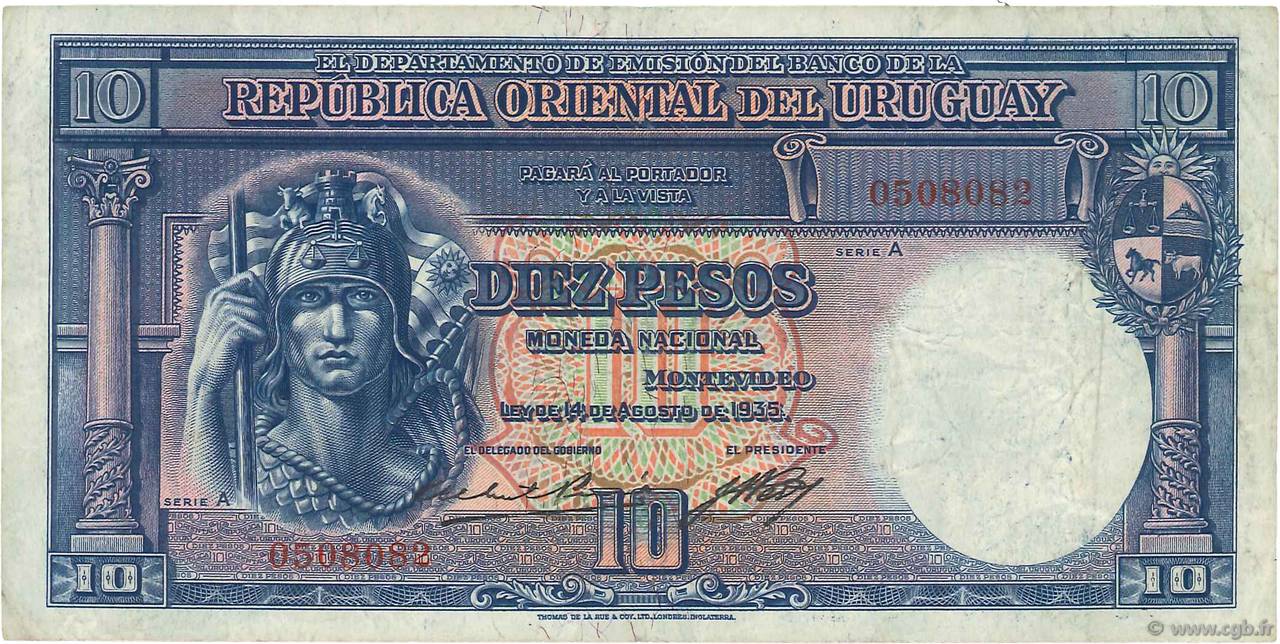 10 Pesos URUGUAY  1935 P.030a BB