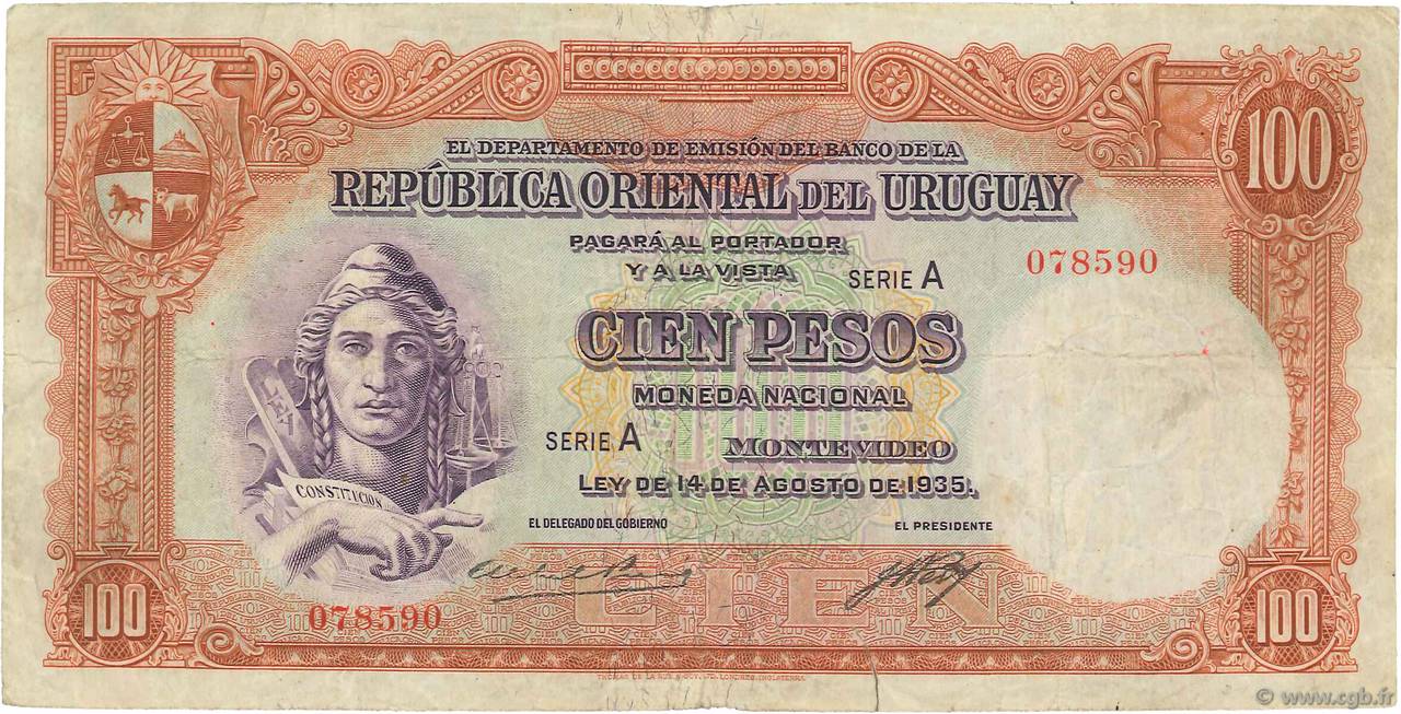 100 Pesos URUGUAY  1935 P.031a RC+