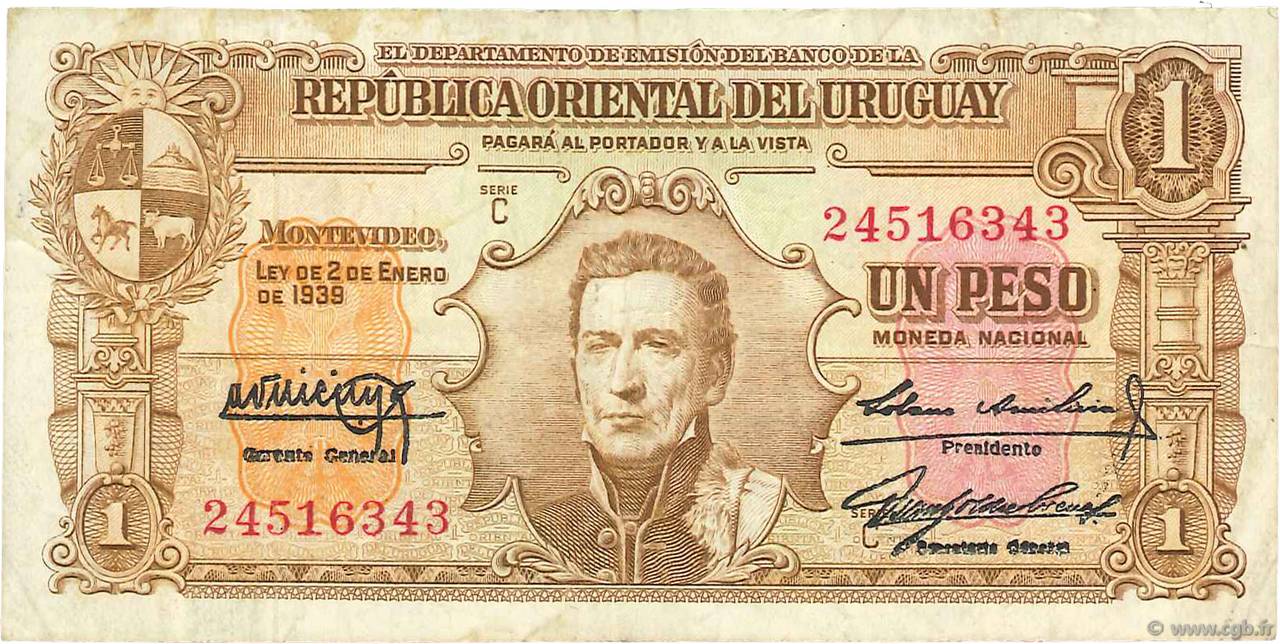 1 Peso URUGUAY  1939 P.035b fSS