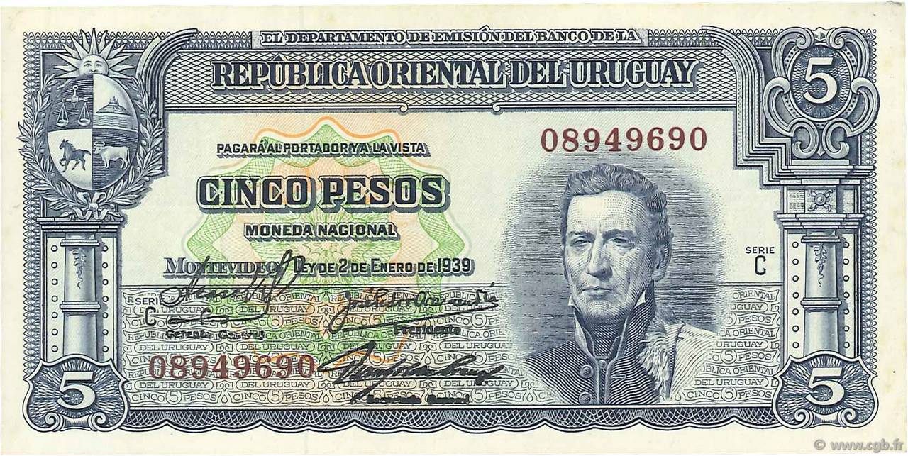 5 Pesos URUGUAY  1939 P.036b XF