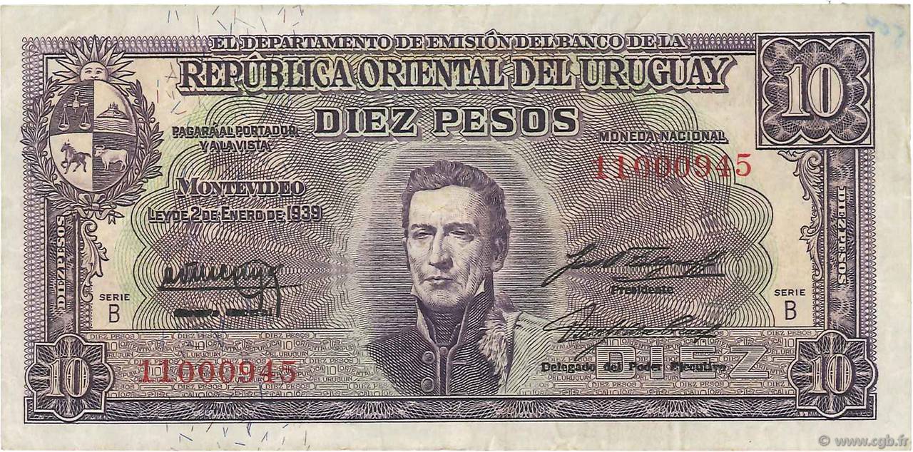 10 Pesos URUGUAY  1939 P.037b BC+