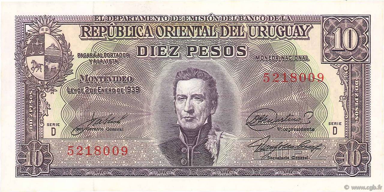 10 Pesos URUGUAY  1939 P.037d AU
