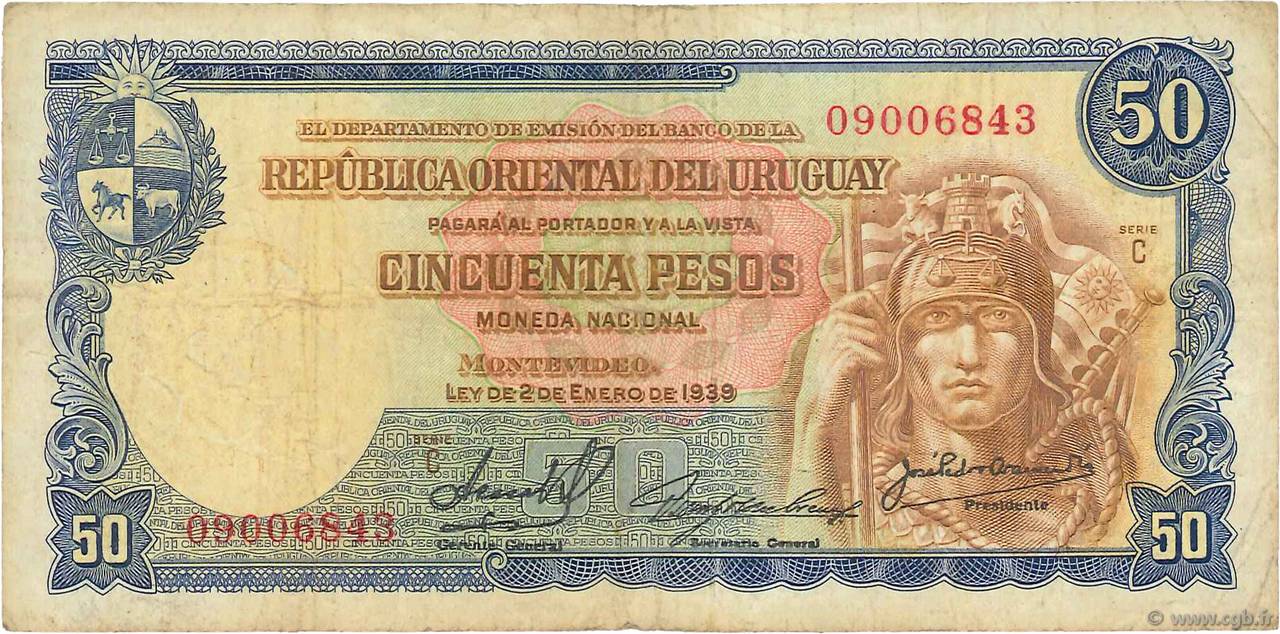 50 Pesos URUGUAY  1939 P.038b MB