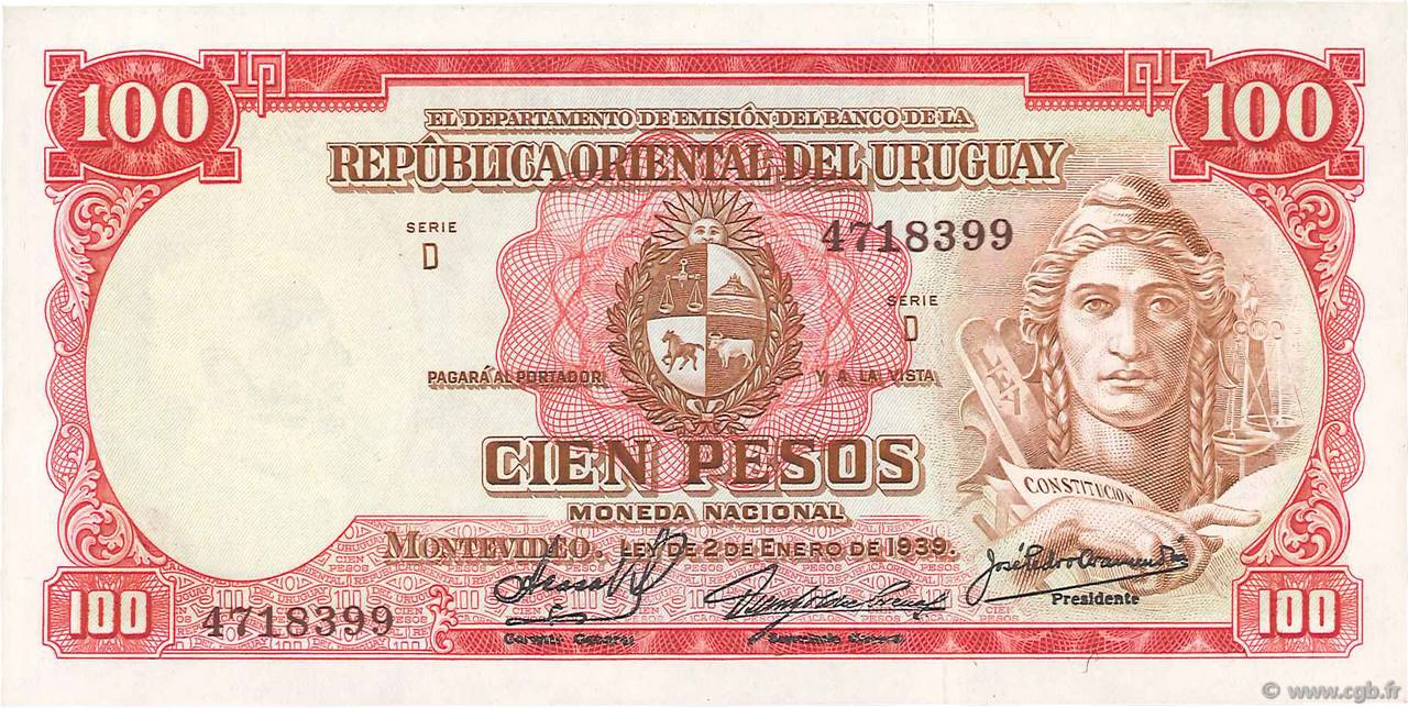 100 Pesos URUGUAY  1939 P.039c AU