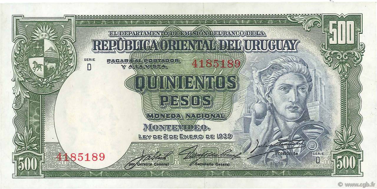 500 Pesos URUGUAY  1939 P.040c EBC