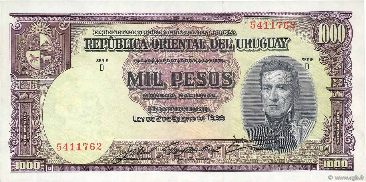 1000 Pesos URUGUAY  1939 P.041c AU