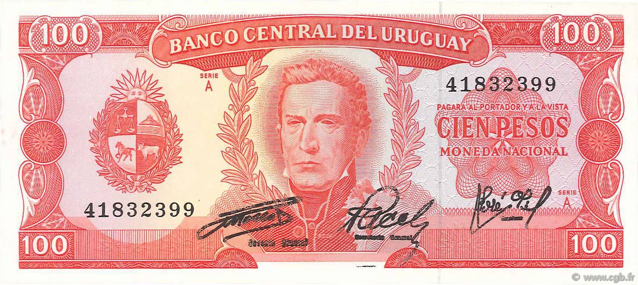 100 Pesos URUGUAY  1967 P.047a fST+