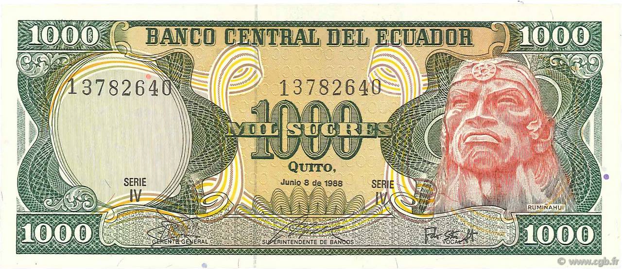 1000 Sucres ECUADOR  1988 P.125b UNC