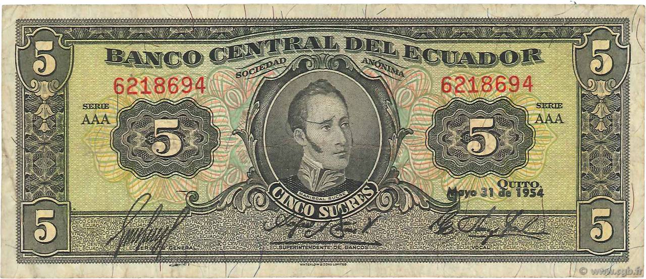 5 Sucres ECUADOR  1954 P.098c MB