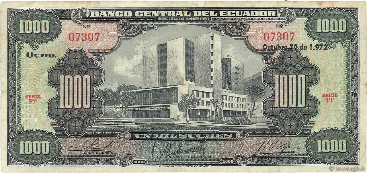 1000 Sucres ECUADOR  1972 P.107a BC+