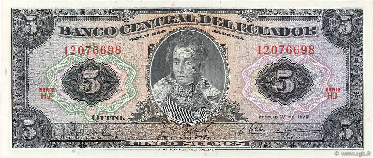 5 Sucres ECUADOR  1970 P.100d UNC